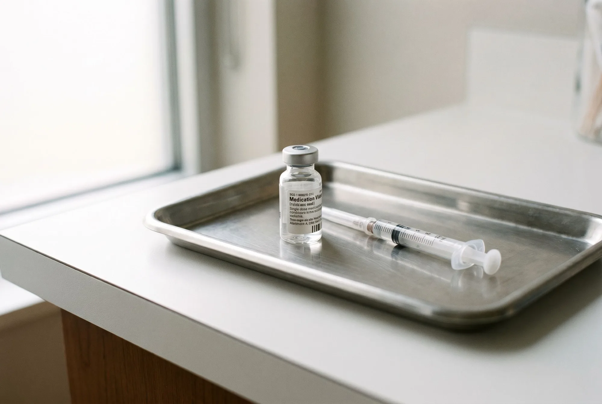 A medication vial and syringe on a stainless tray in a treatment room at Forge Health & Performance.