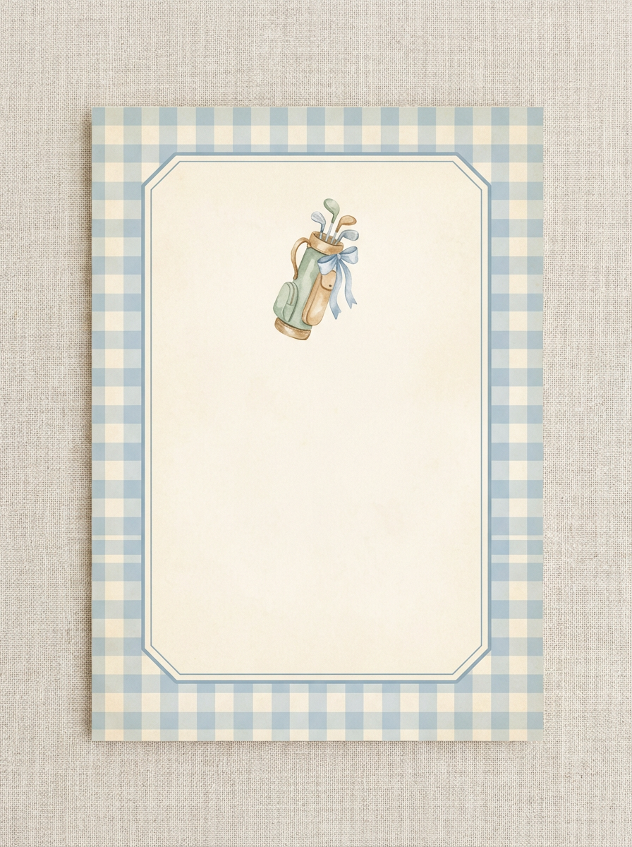 Golf-themed stationery featuring a golf bag holding clubs and a blue ribbon at the top