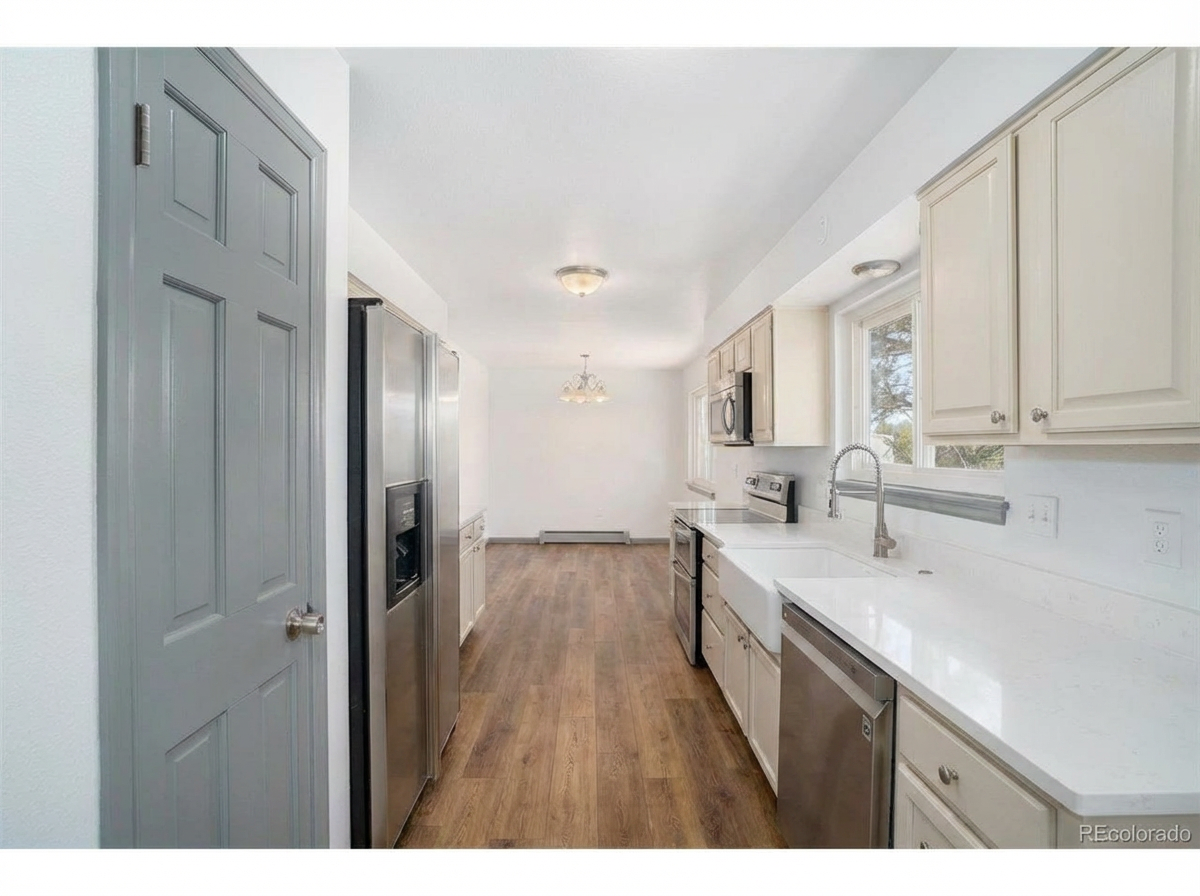 Modern kitchen with light-colored cabinetry, stainless steel appliances, and wooden flooring with natural light