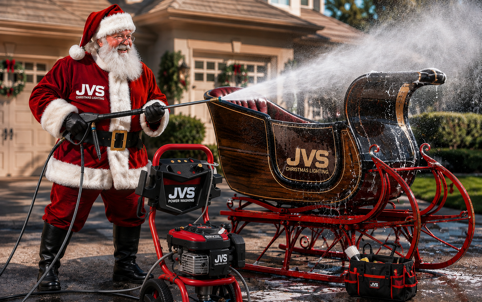 Santa holding a power washer, JVS Powerwashing