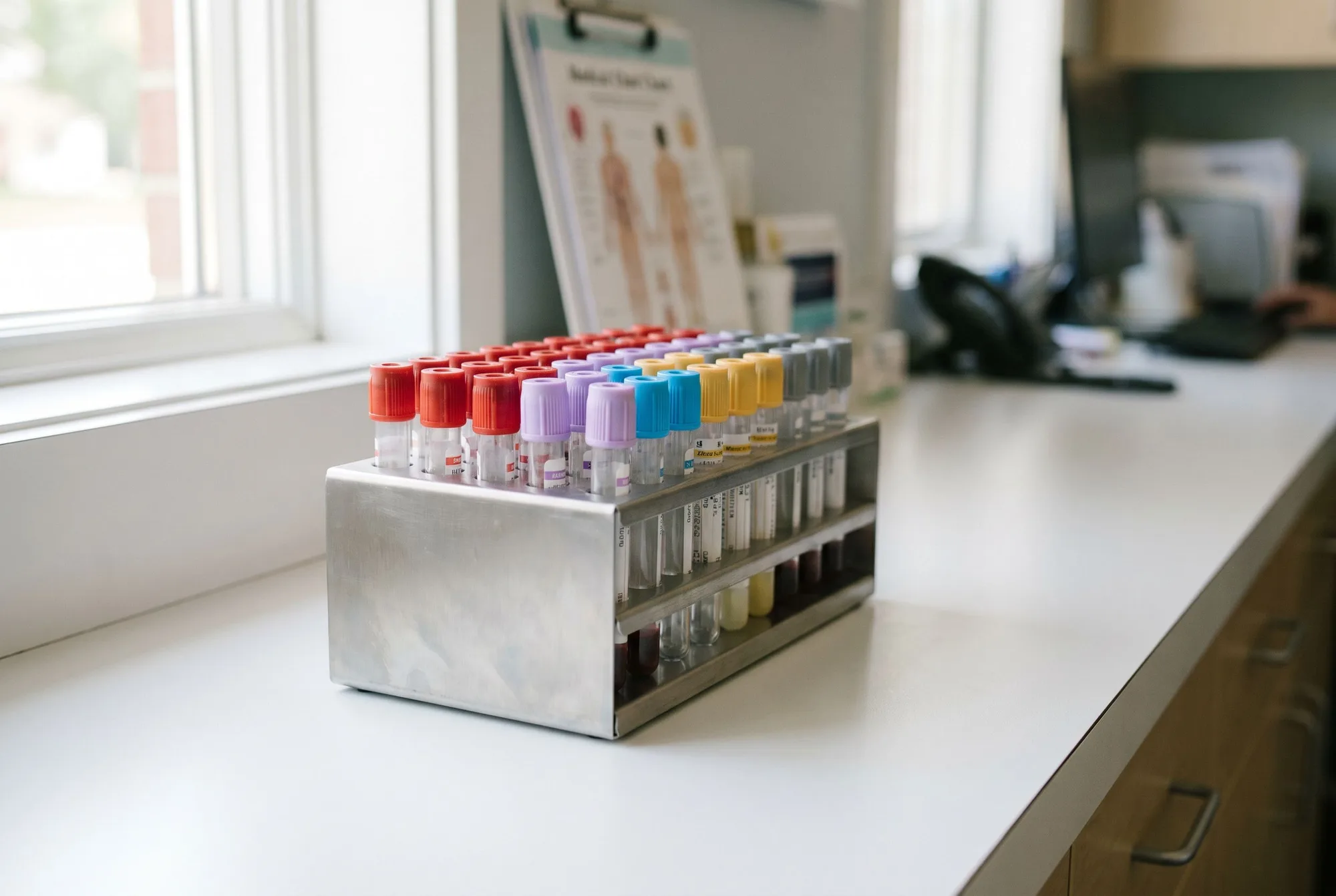 Color-topped blood collection tubes in a stainless rack on a sunlit lab counter at Forge Health & Performance.