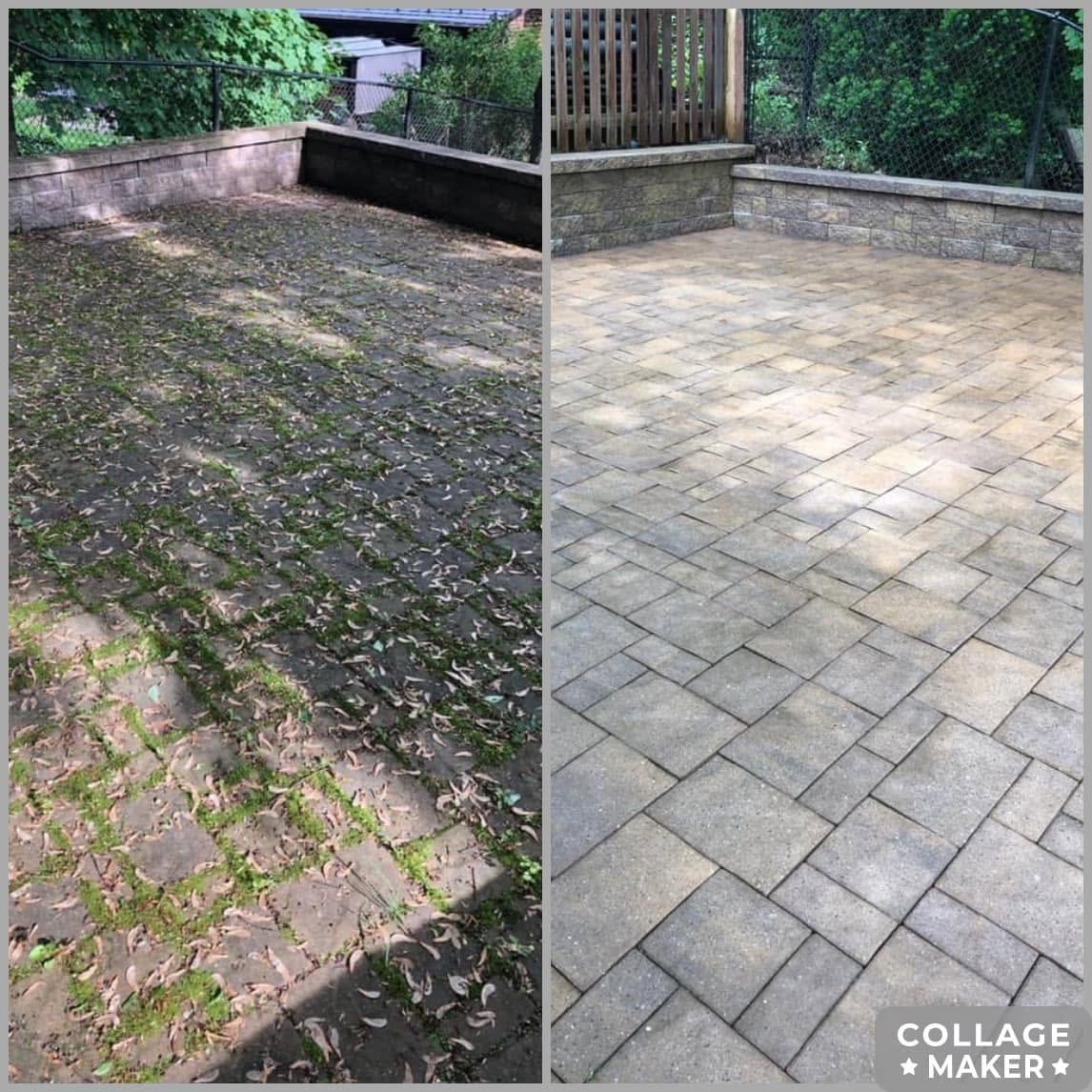 Patio surface shown before and after cleaning