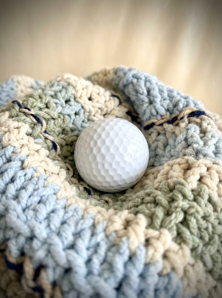 Golf ball resting in the center of a cozy multi-colored knitted blanket
