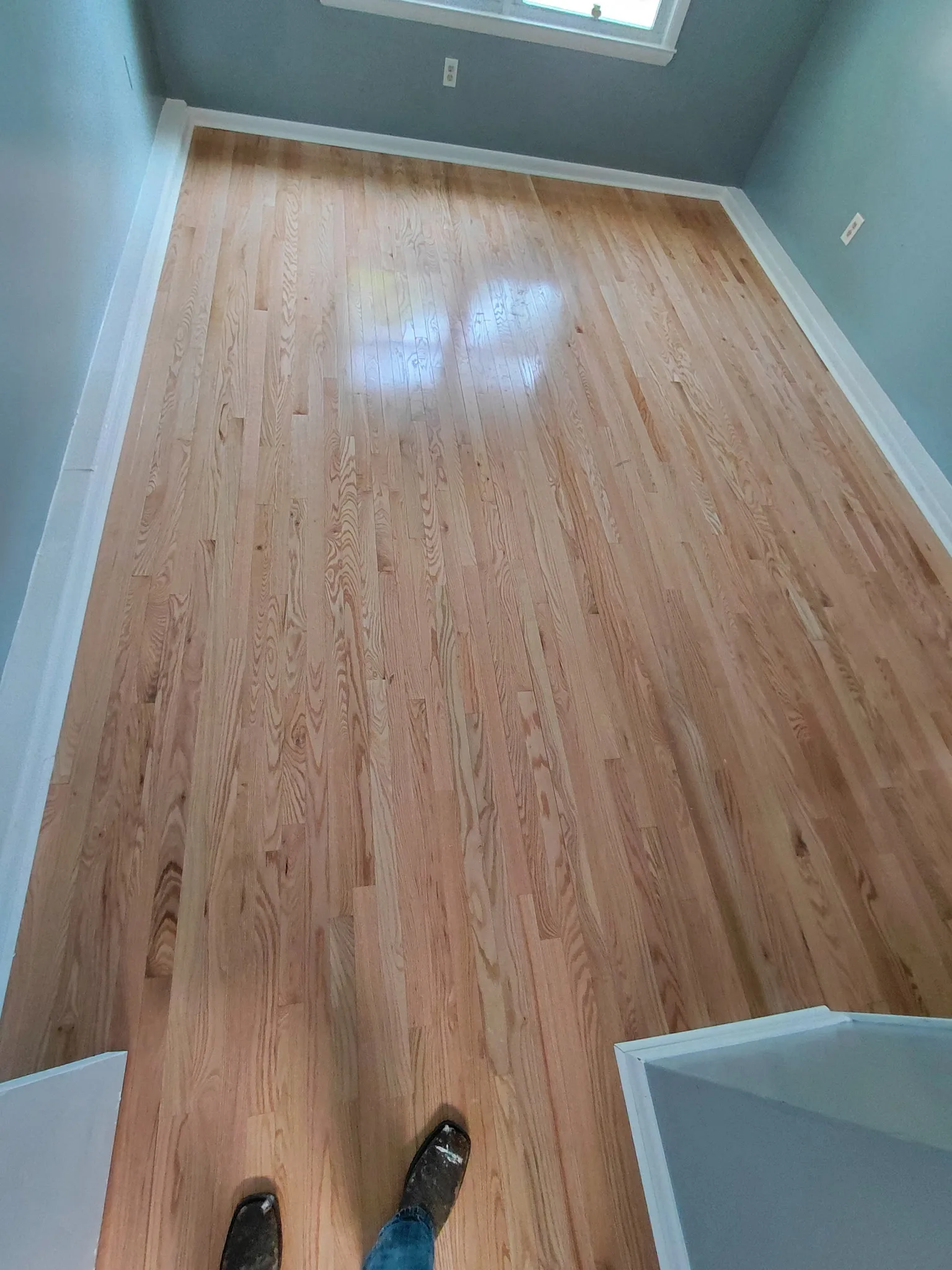 Newly refinished hardwood floor with light-colored wood planks after sanding and sealing