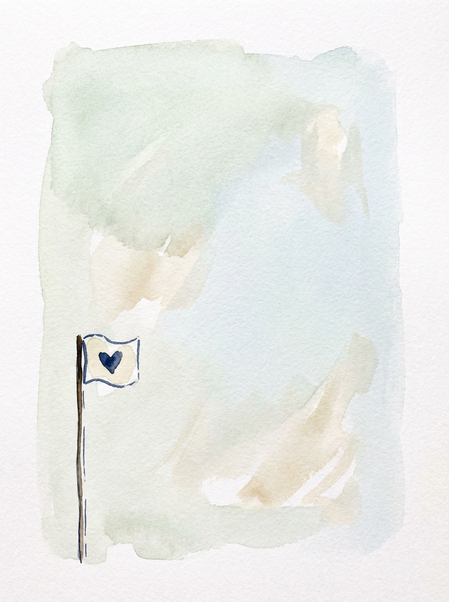 Minimalist heart flag illustration on a wooden pole displaying a heart symbol