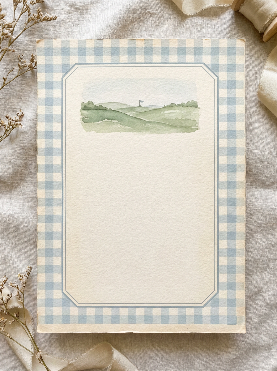 Pastel landscape stationery with a soft watercolor landscape illustration at the top