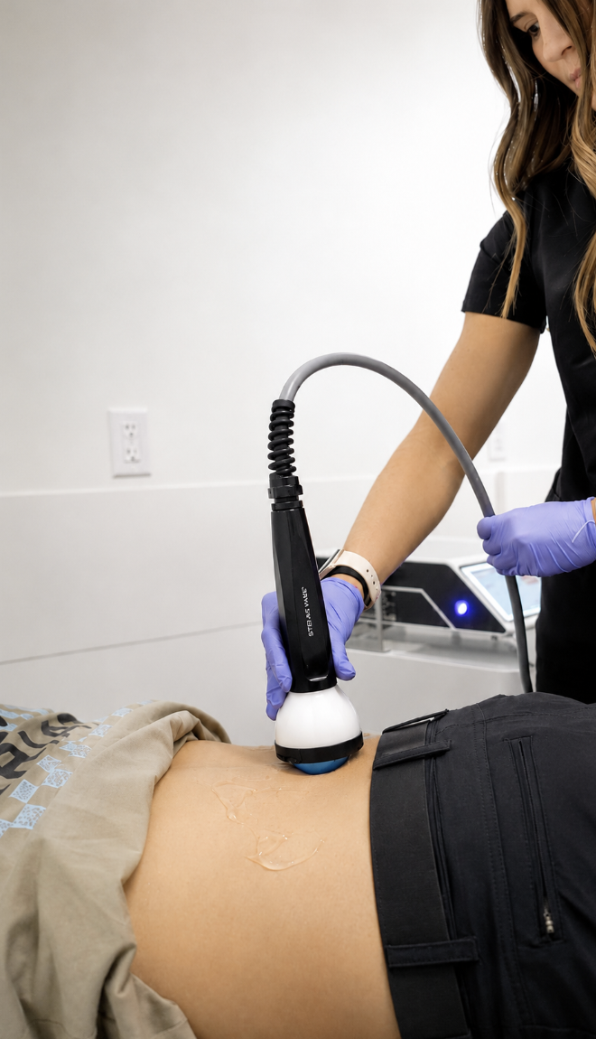 A healthcare professional using a handheld ultrasound device on the lower back of a patient during a treatment session.