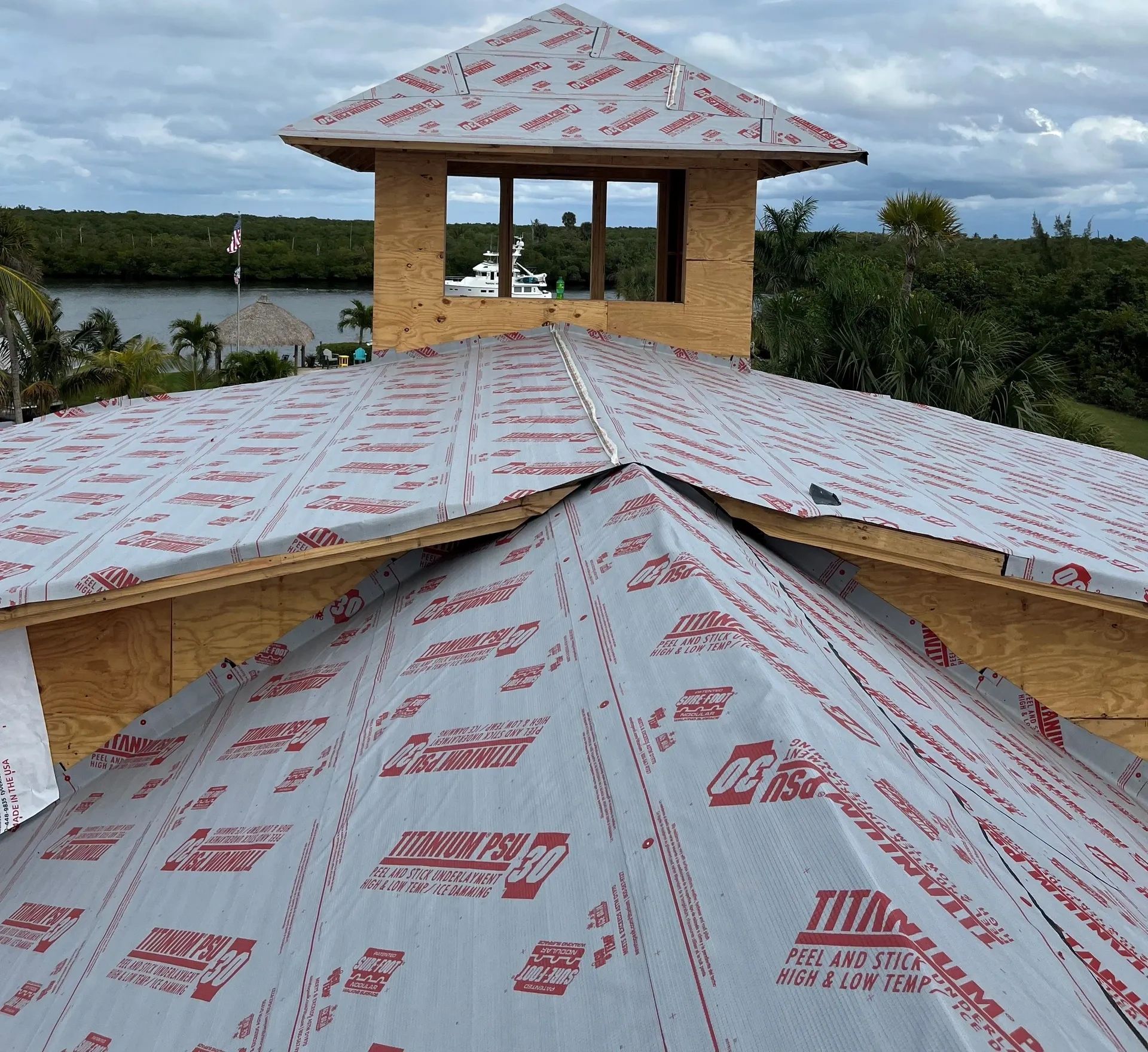 Roof construction showing peel-and-stick protective membrane