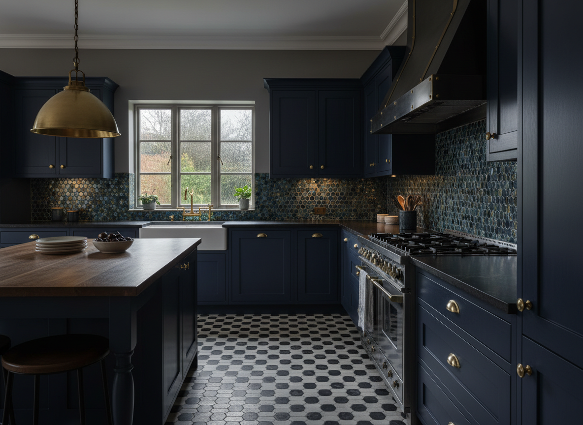 Contemporary kitchen with dark blue cabinetry and hexagonal tiled backsplash