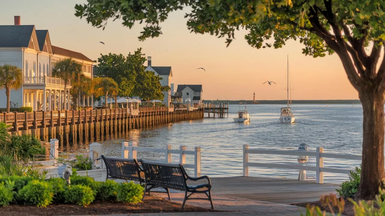 Southport NC waterfront boardwalk with benches overlooking the Cape Fear River