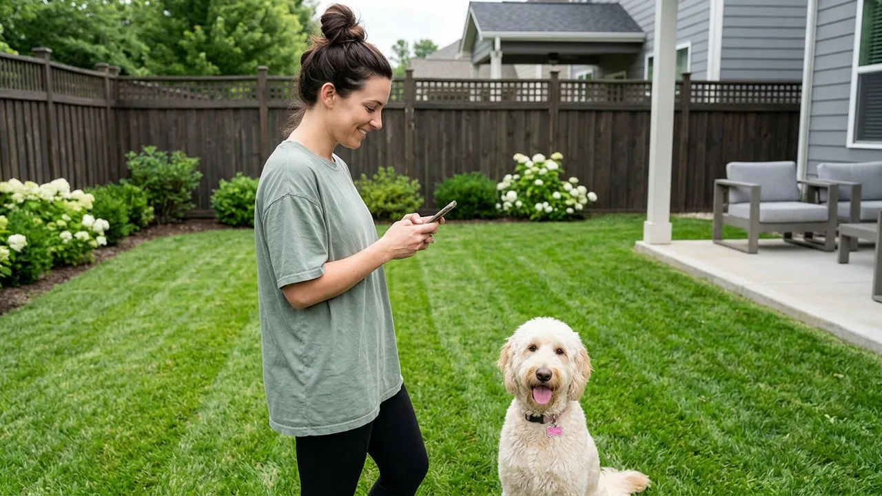 A dog owner booking pet waste removal on her phone in her clean backyard while her goldendoodle sits beside her