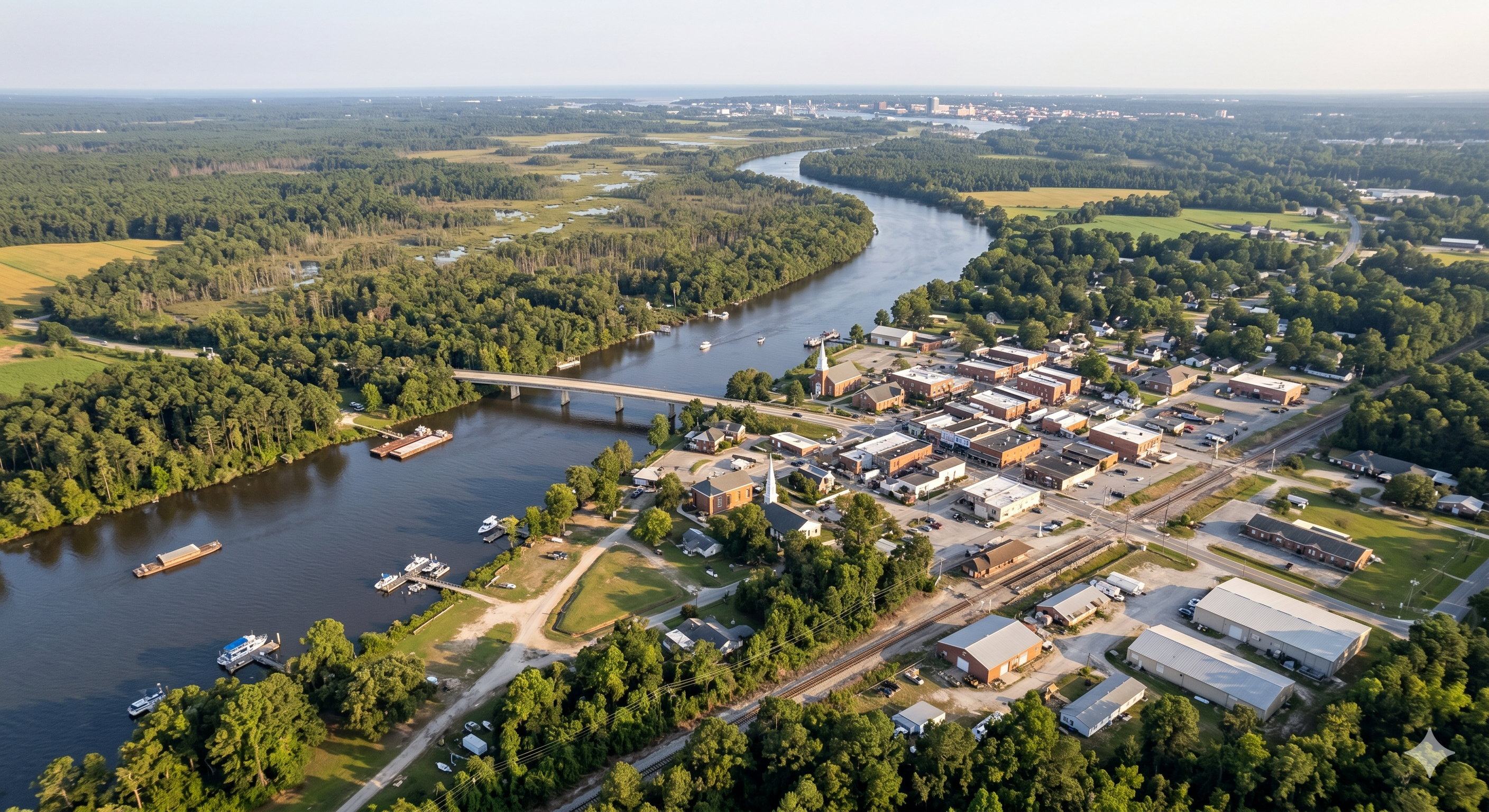 Aerial view of a small NC river town with residential neighborhoods, green forested areas, and waterways