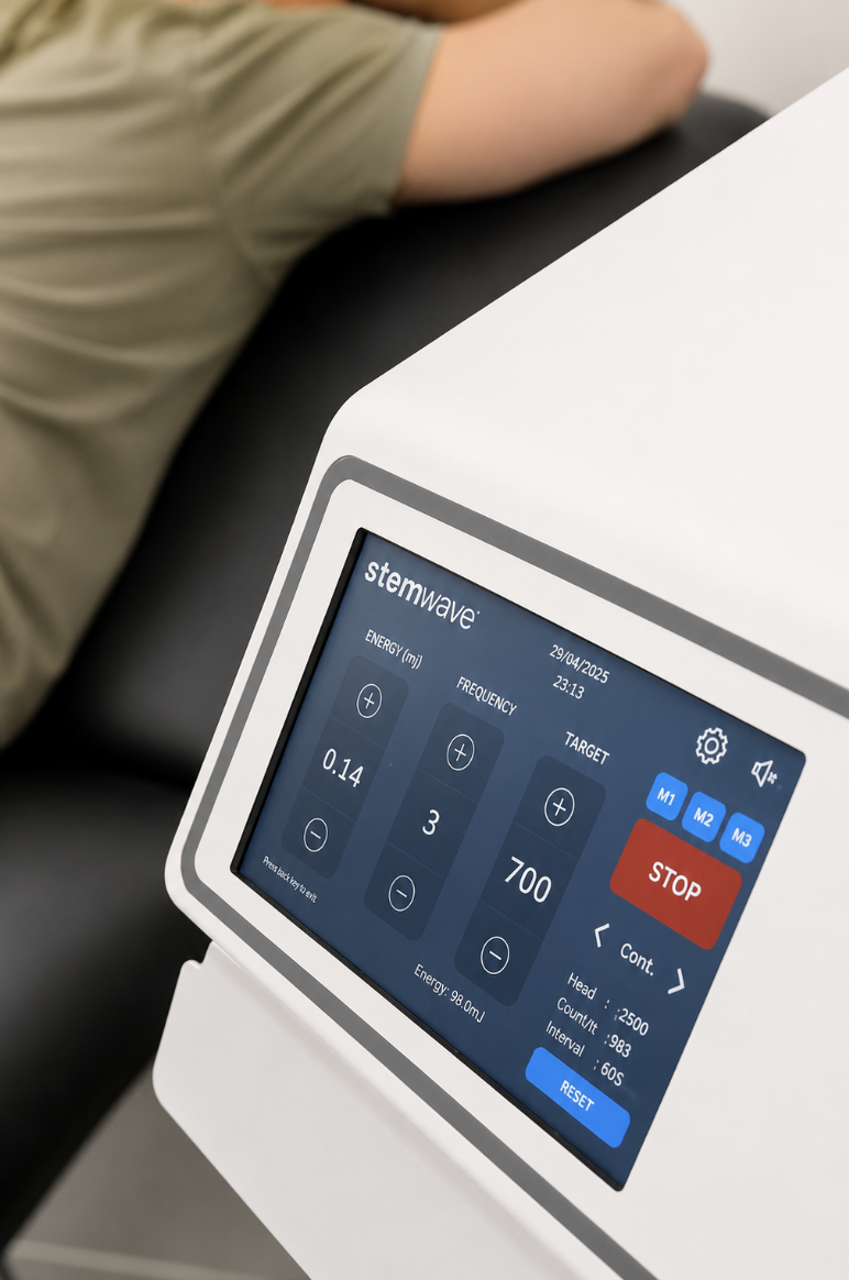 Touchscreen interface of a Stemwave therapeutic device showing energy, frequency, and target settings.