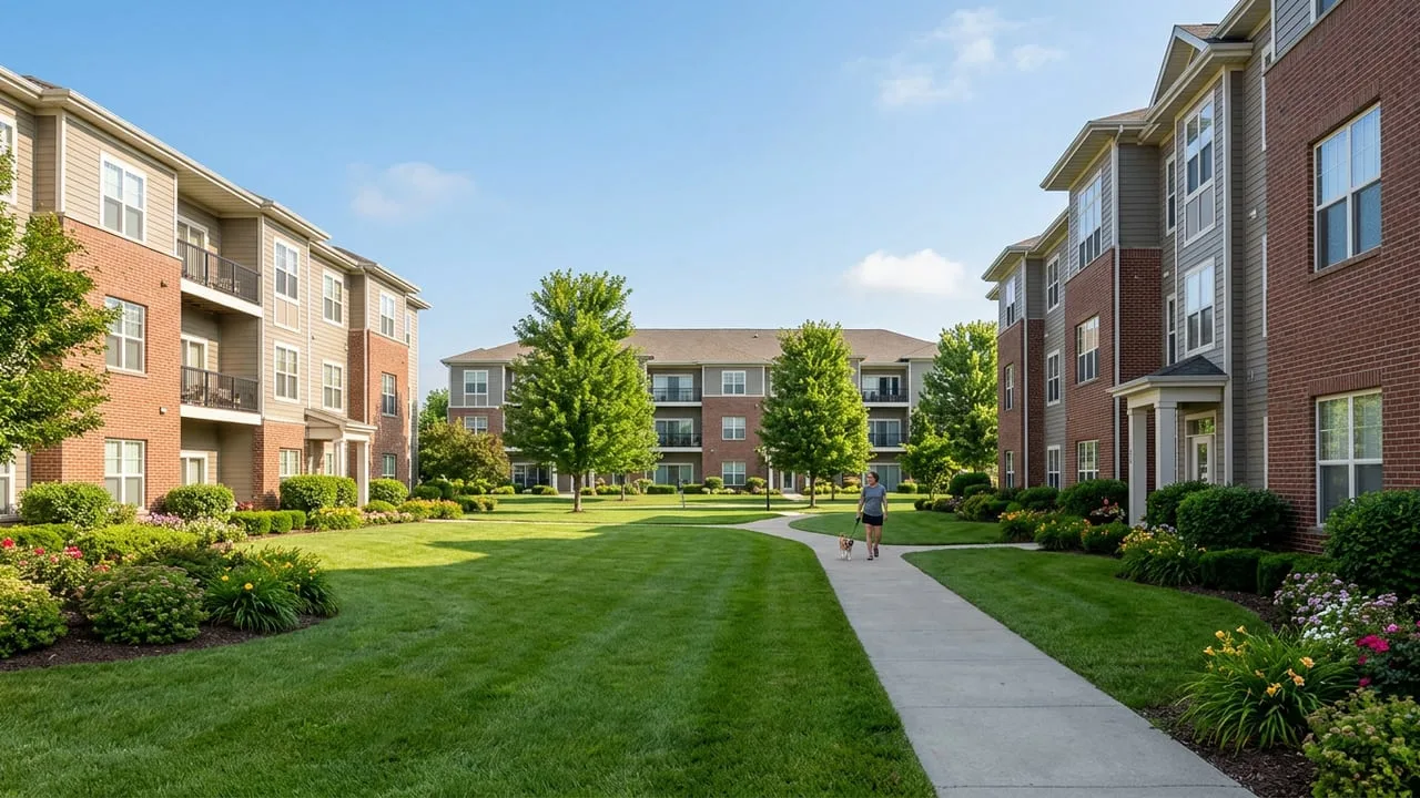 A clean community lawn at a commercial property