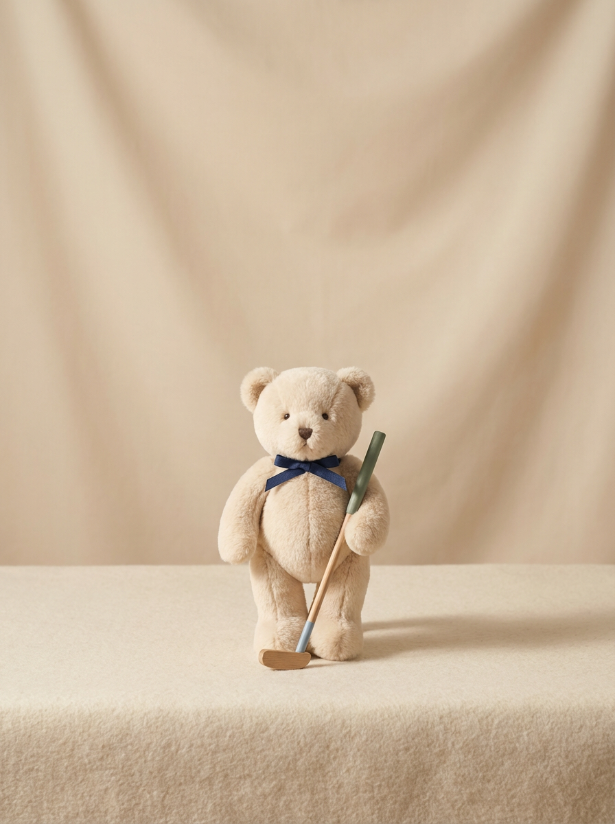 Soft beige teddy bear standing upright holding a small wooden golf club