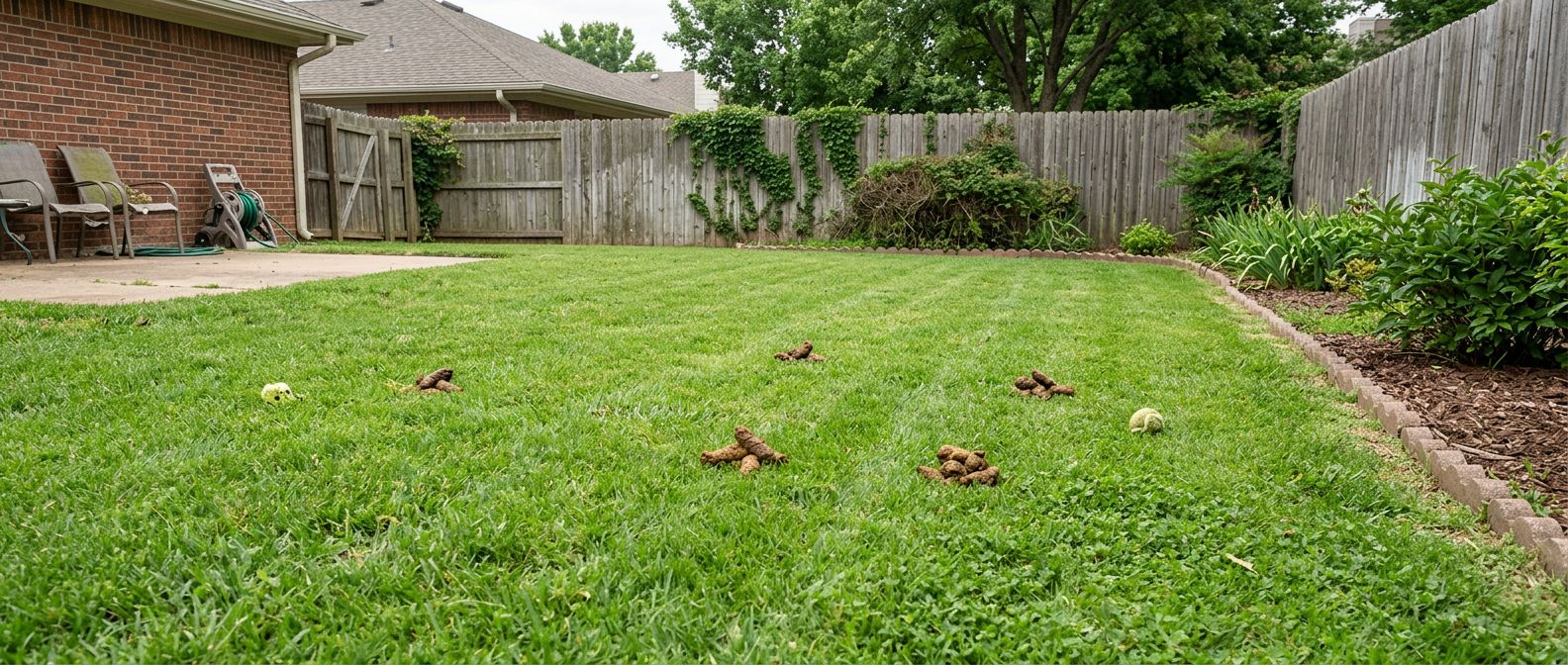 Backyard with dog waste scattered on the lawn