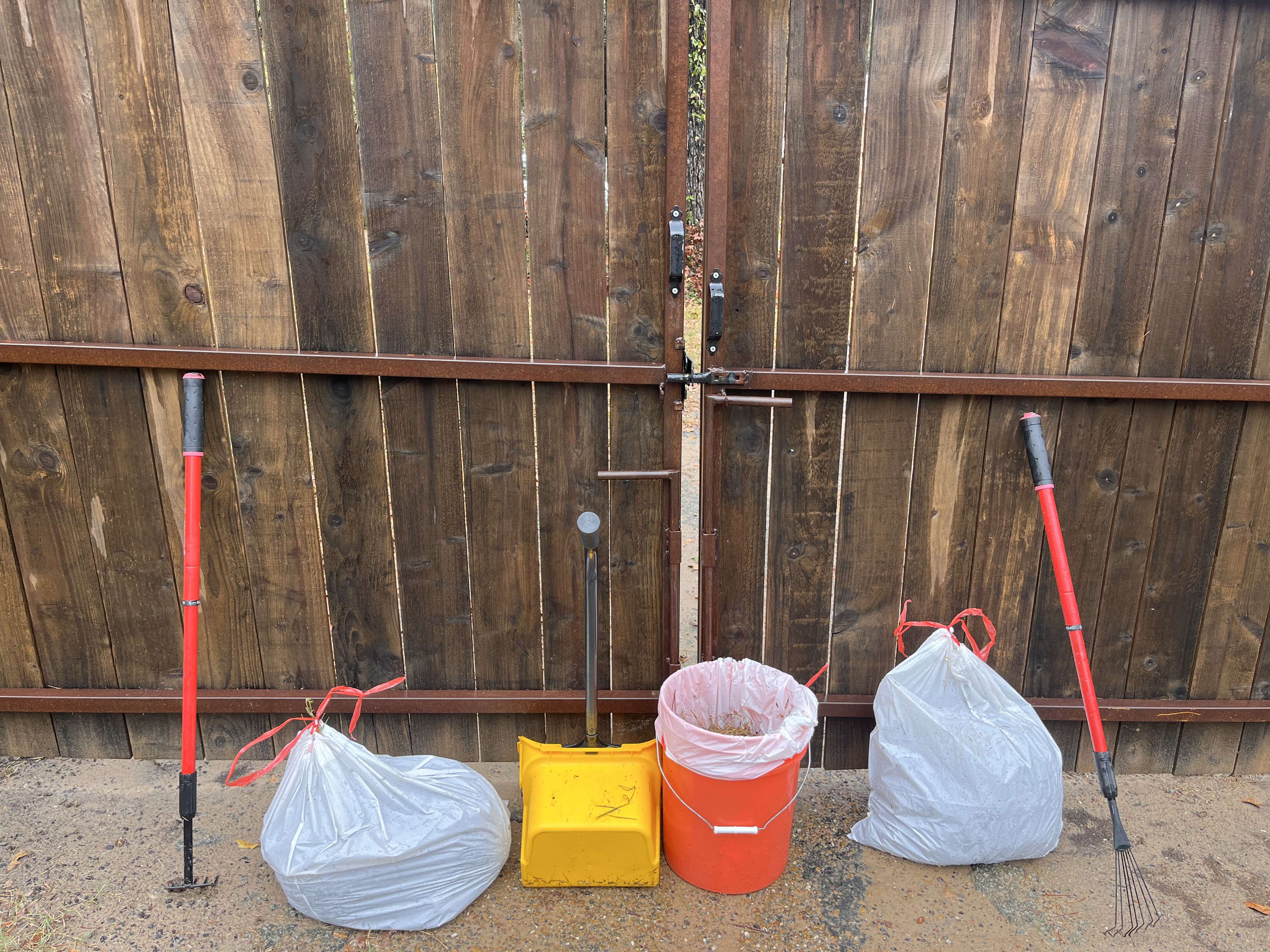 Garden tools and waste bags arranged in front of a wooden gate after yard cleanup