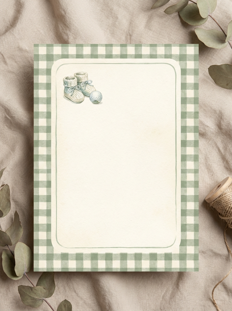 Vintage baby shower invitation with knitted baby booties and a small ball