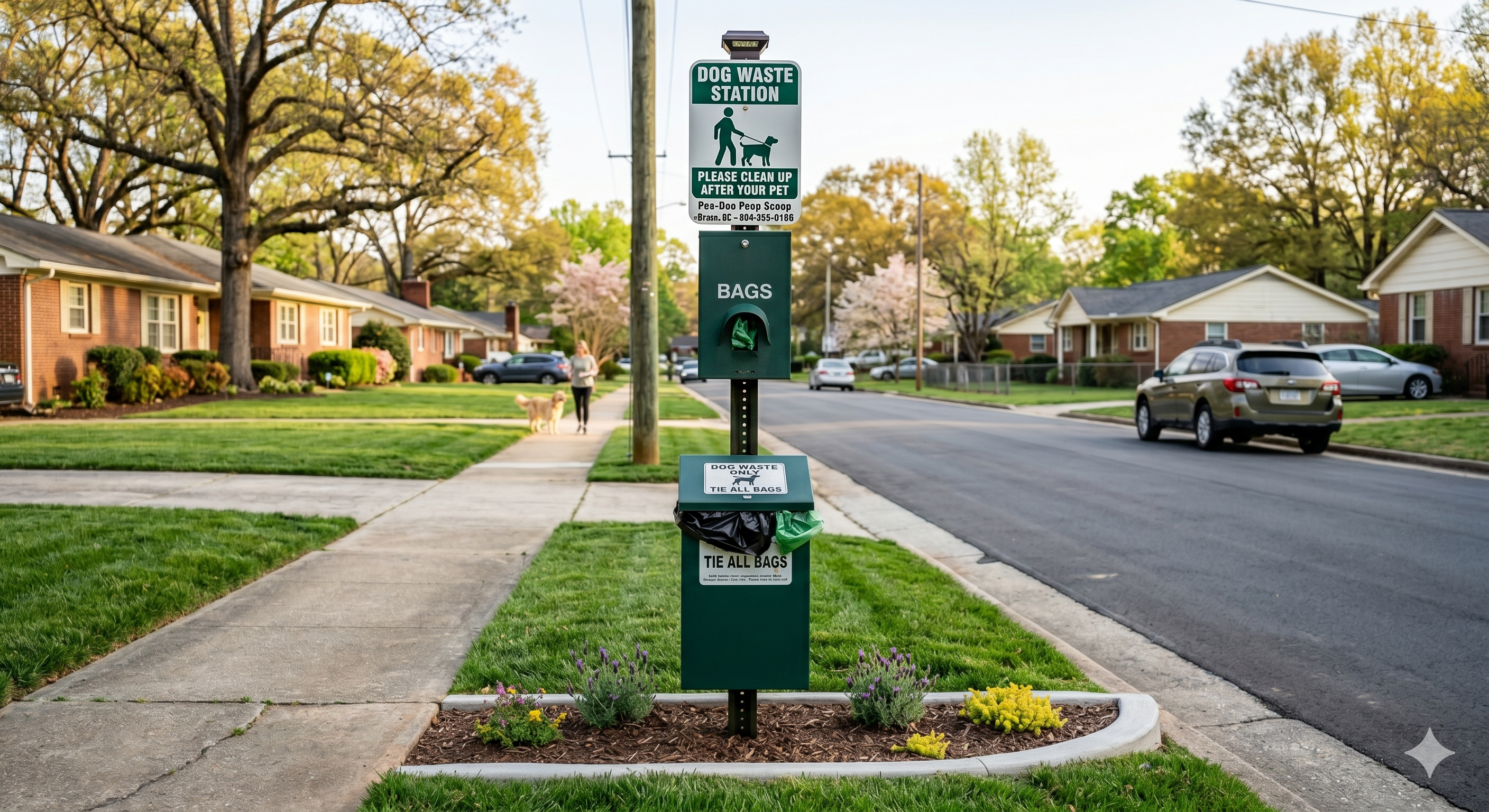 Dog waste station on a residential street with bags and a sign encouraging owners to clean up after their pets