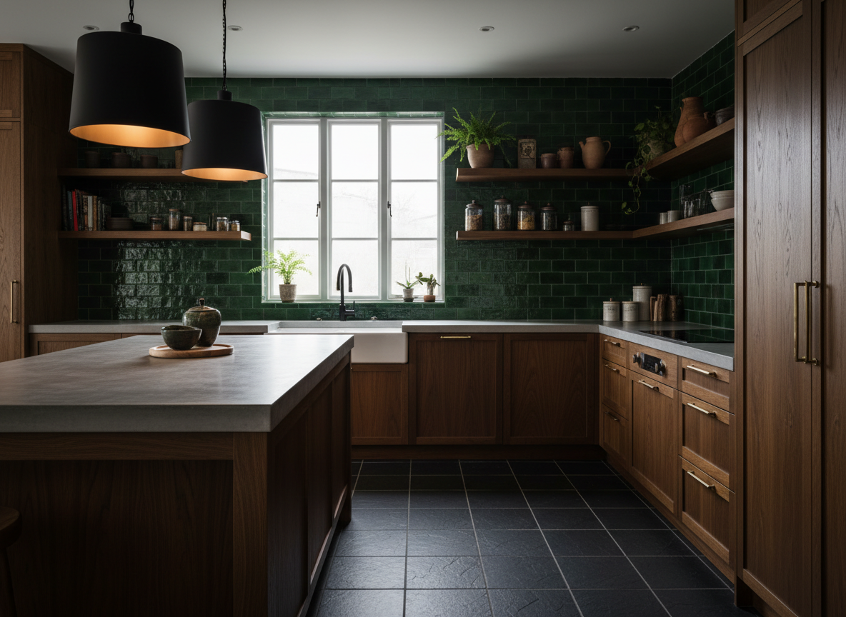 Stylish kitchen featuring green wall tiles, wooden cabinets, and stainless steel appliances