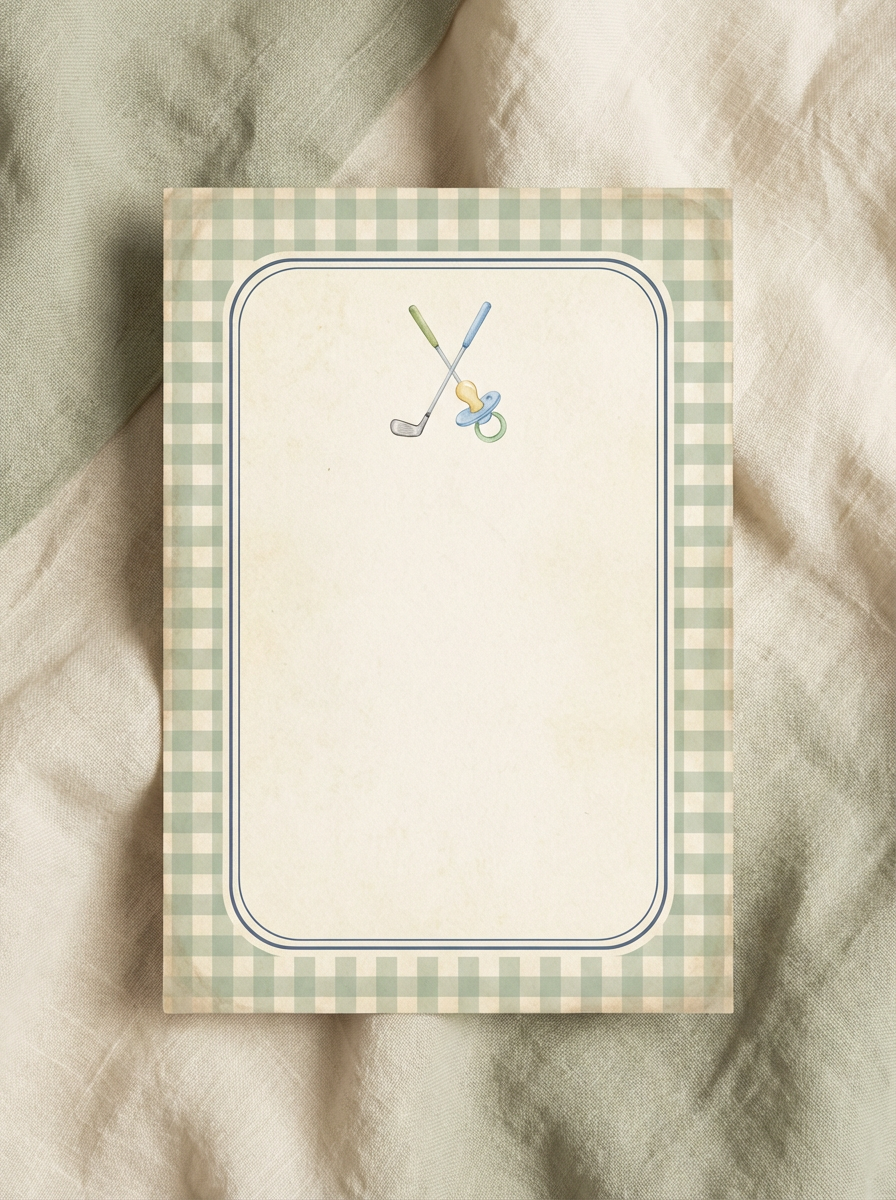 Baby-themed golf notepad with illustrations of a golf club and a baby pacifier