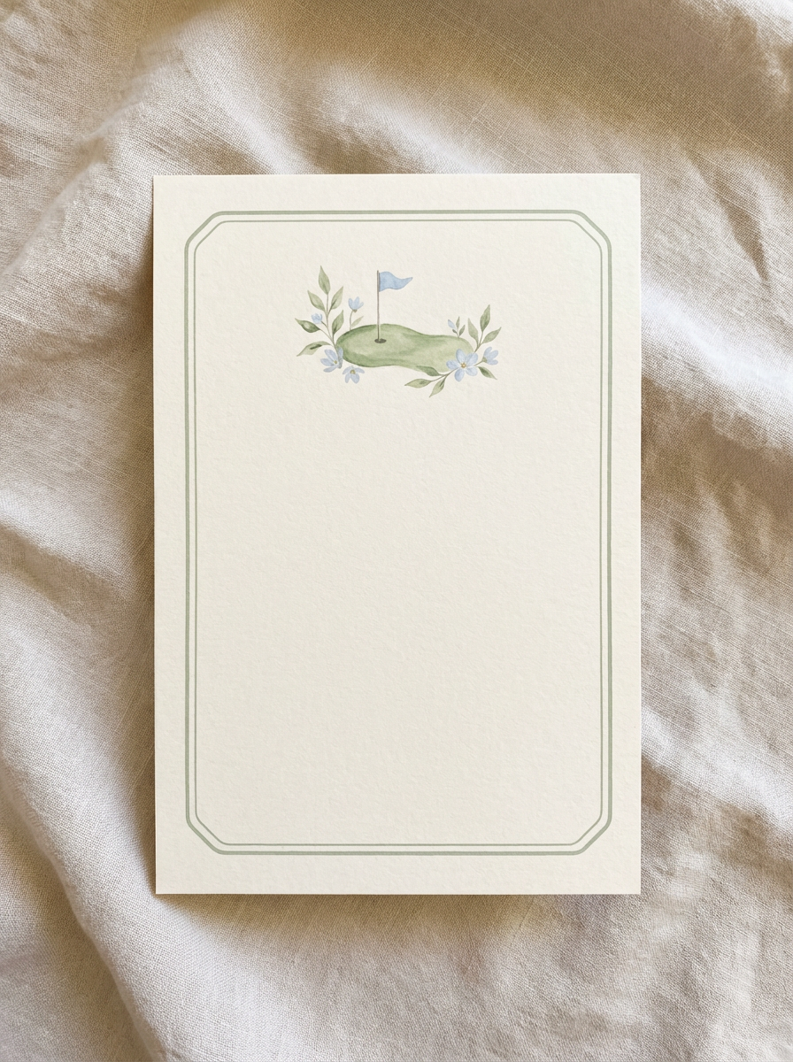 Golf-themed stationery with a golf flag on a green surrounded by floral elements