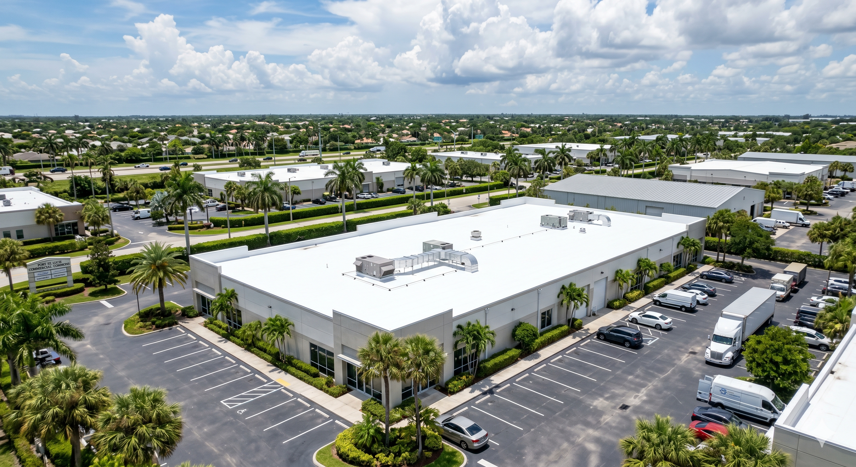 Aerial drone view of a commercial building with a white flat TPO roof surrounded by palm trees on the Treasure Coast