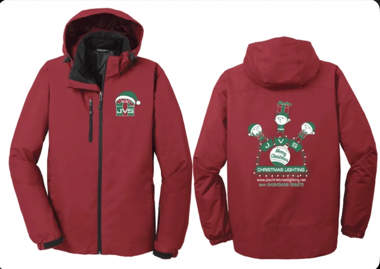 Mockup of the red JVS Christmas Lighting hooded zip jacket, front and back, with the JVS logo on the chest and the JVS elves logo on the back