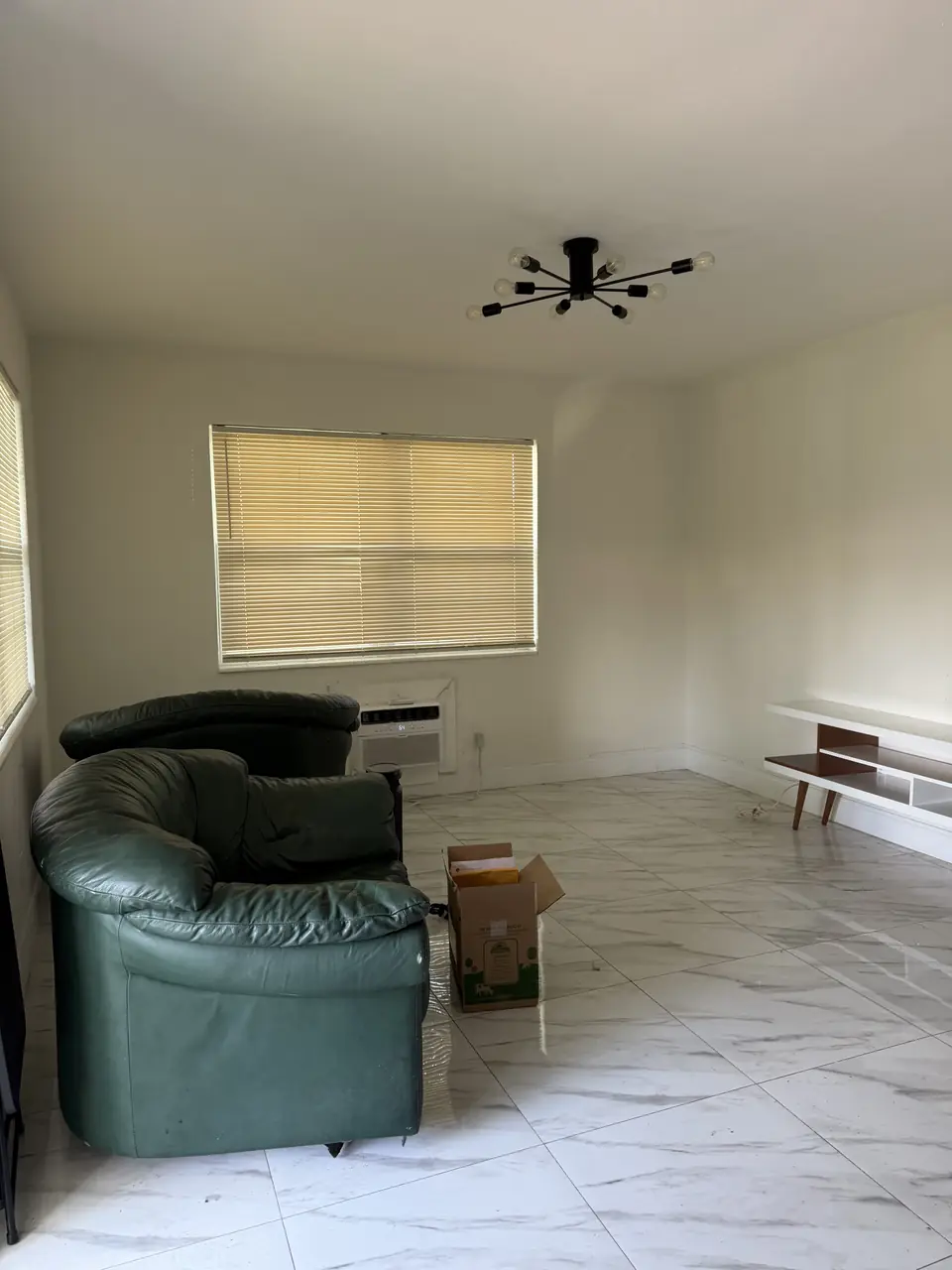 Fort Lauderdale living room with a leather sofa, box, and TV stand before removal