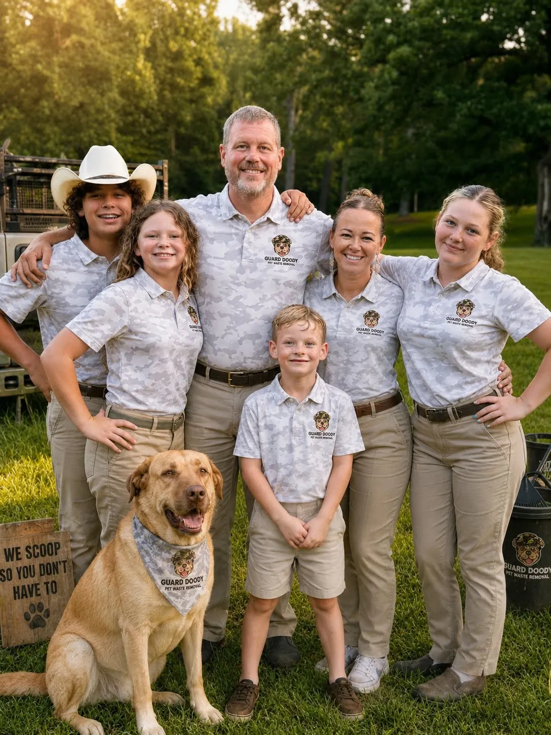 The Guard Doody family in matching camo polos with their yellow Labrador
