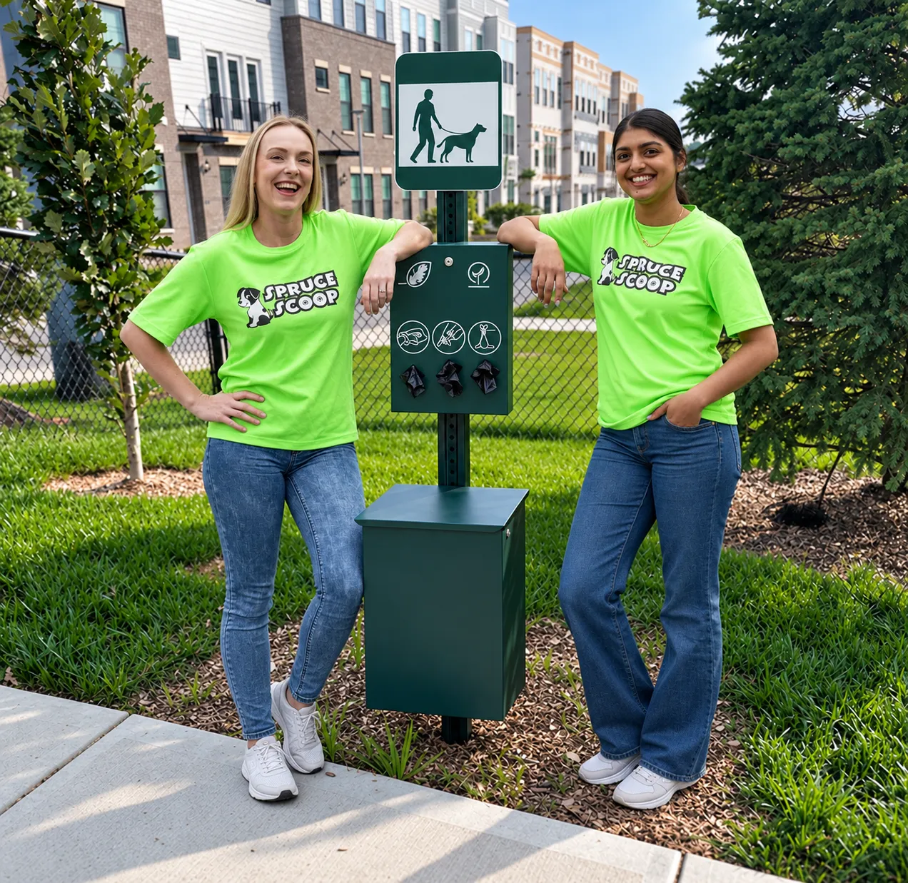 Two people in Spruce Scoop shirts beside a pet waste station at an apartment complex