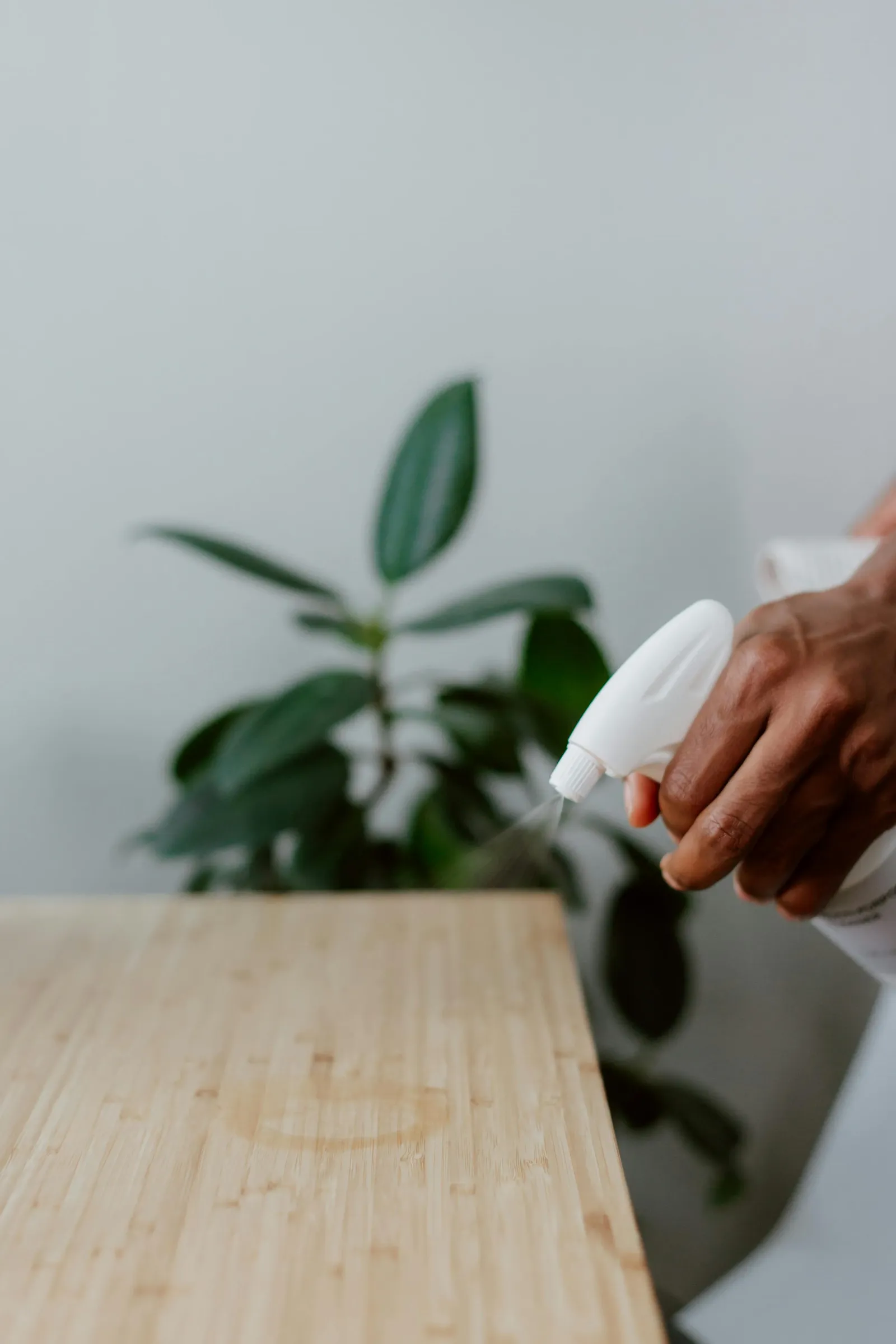 Person misting a wooden tabletop with a spray bottle