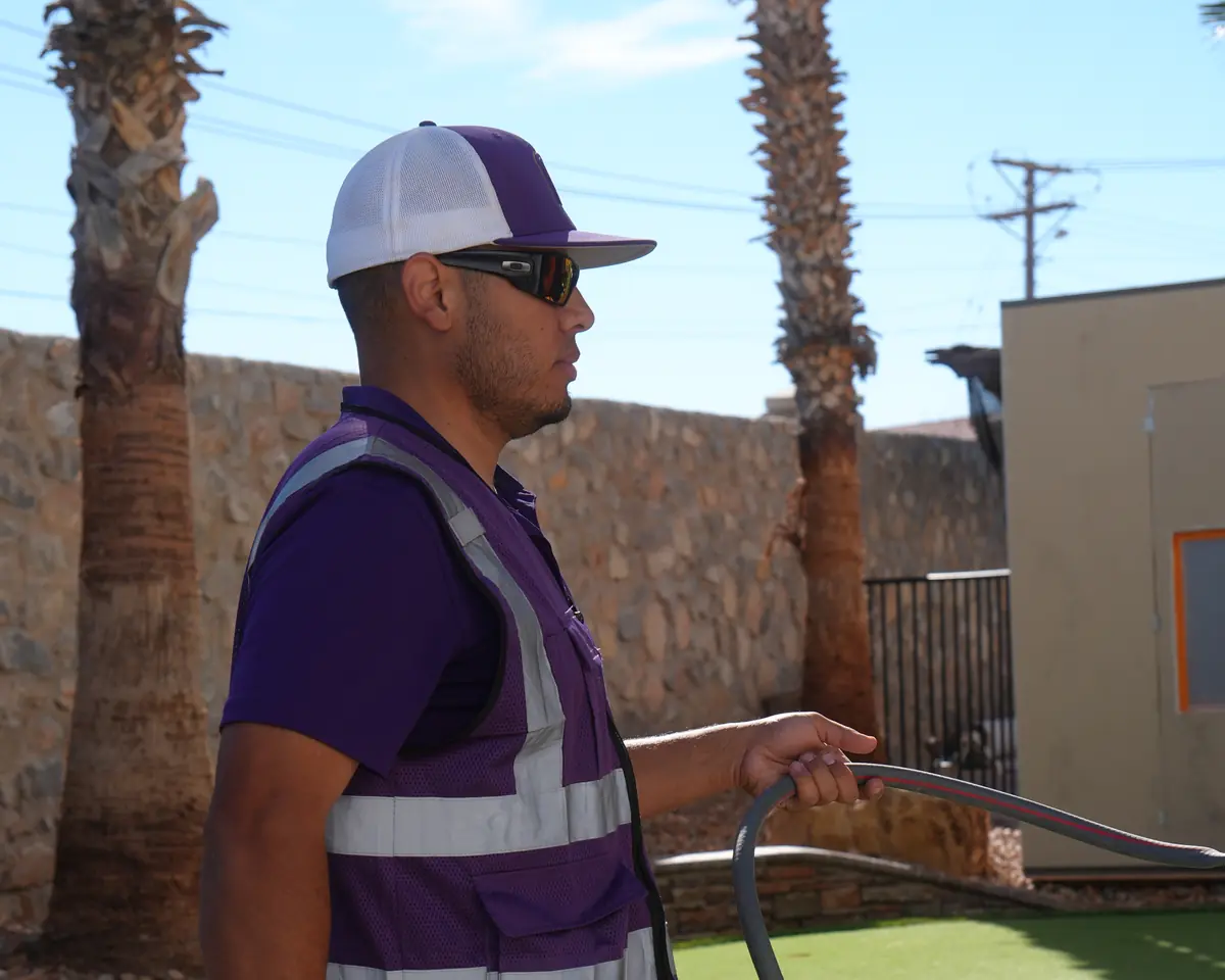 GP Scoops service provider in a purple safety vest and cap, holding a garden hose on artificial turf