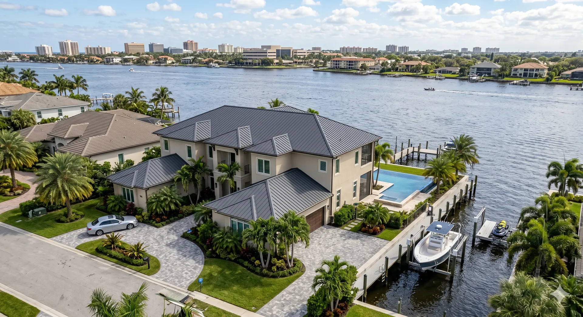 Aerial view of a luxurious waterfront residential property with pool, landscaped gardens, and boat docks