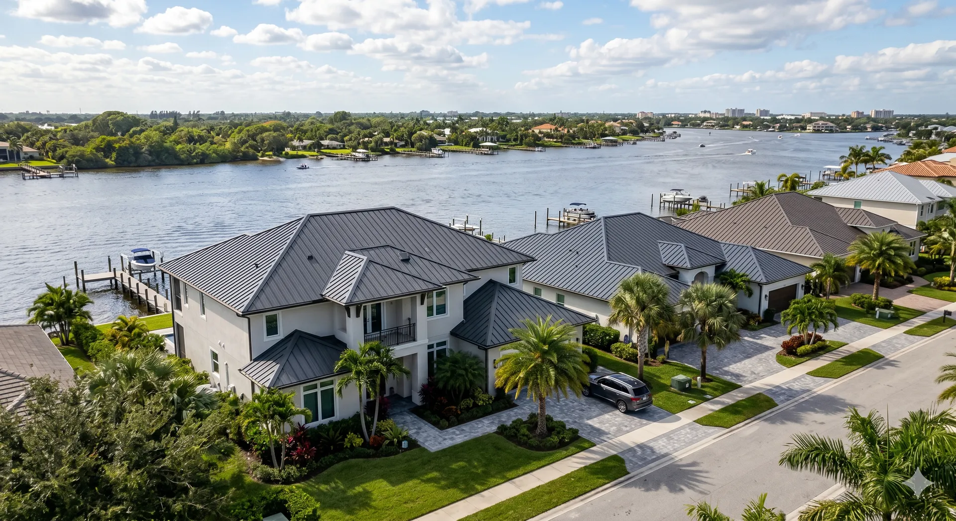 Aerial view of waterfront homes with metal roofs on the Treasure Coast