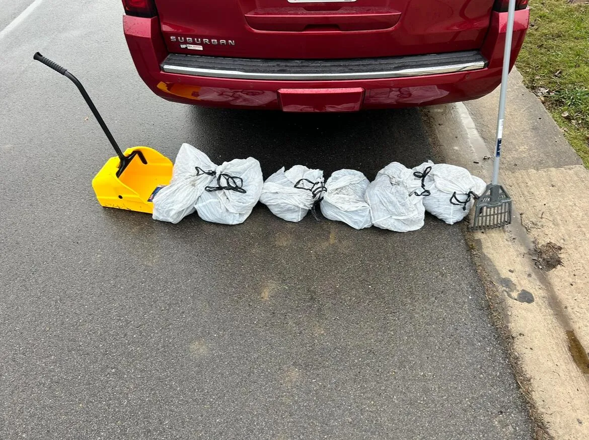 A row of tied white waste bags, a yellow scoop, and a rake lined up at the curb behind a red SUV