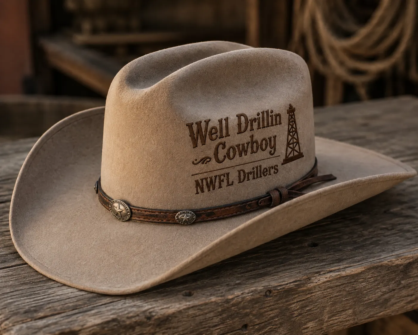 Tan cowboy hat embossed Well Drillin Cowboy NWFL Drillers with a starred leather band