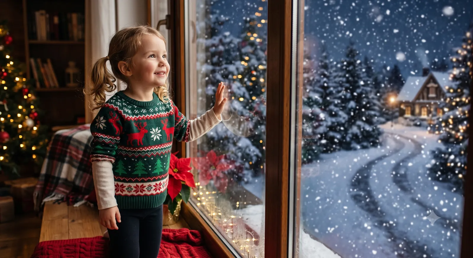 Girl in a Christmas sweater looking out at falling snow