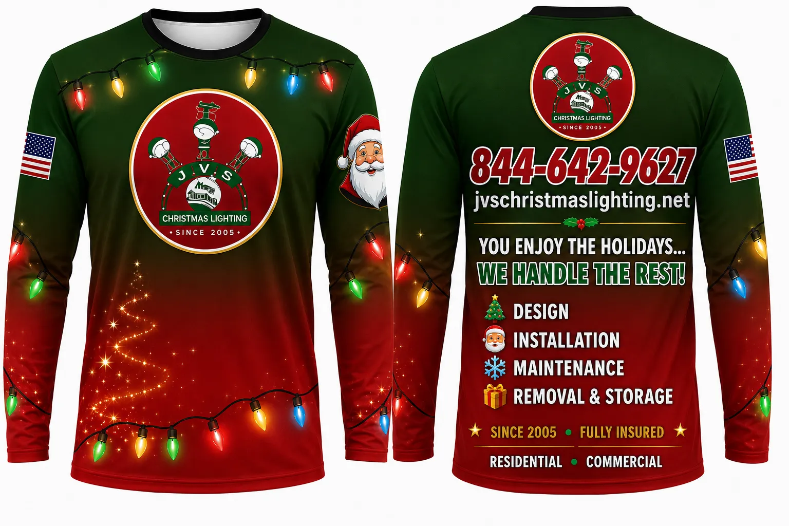 Mockup of the JVS Christmas Lighting long sleeve shirt, front and back, with the JVS logo, holiday lights and company phone number