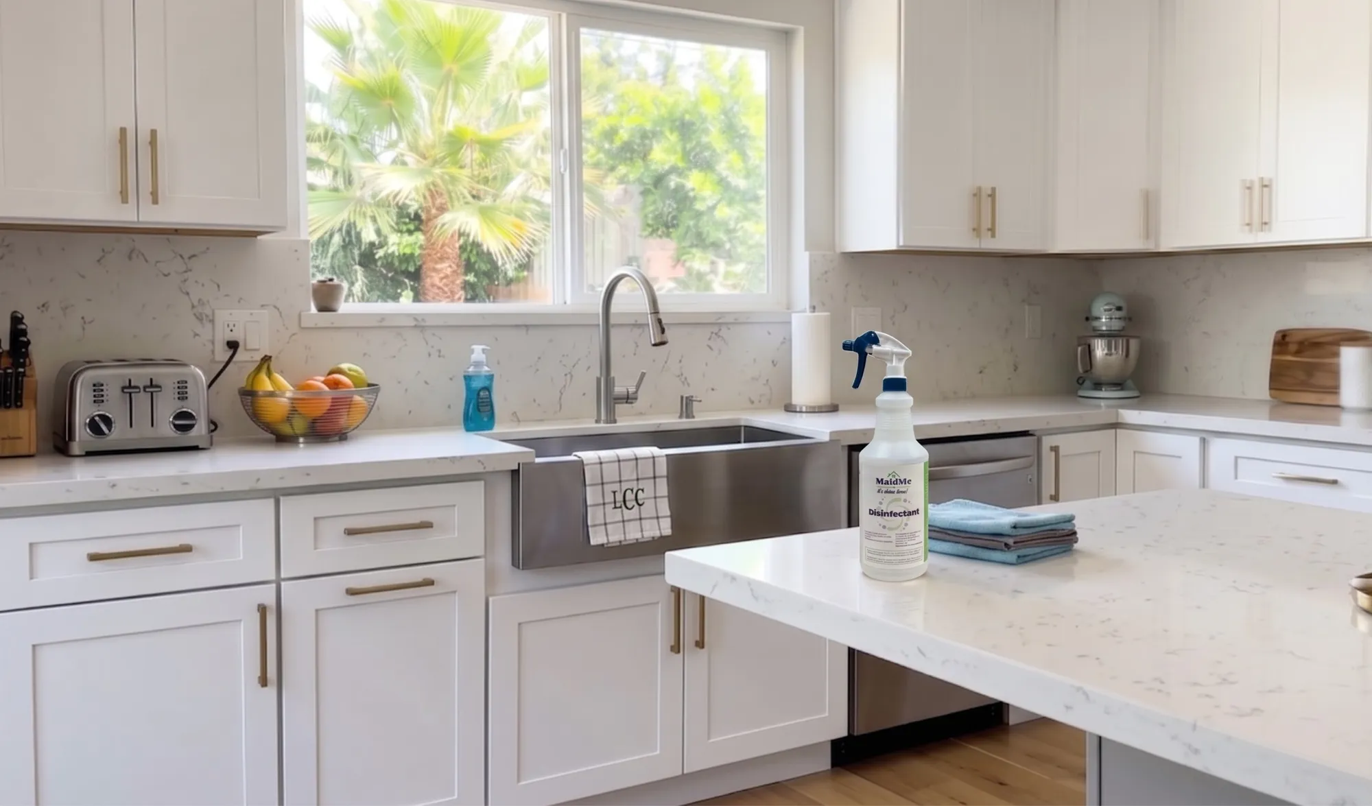 Bright modern kitchen with white cabinets and marble countertops after MaidMe cleaning in Altadena