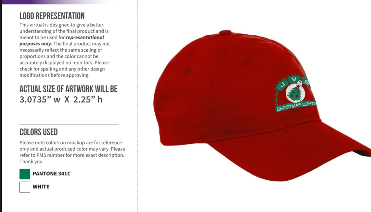 Mockup of a red JVS Christmas Lighting baseball cap with the embroidered JVS logo