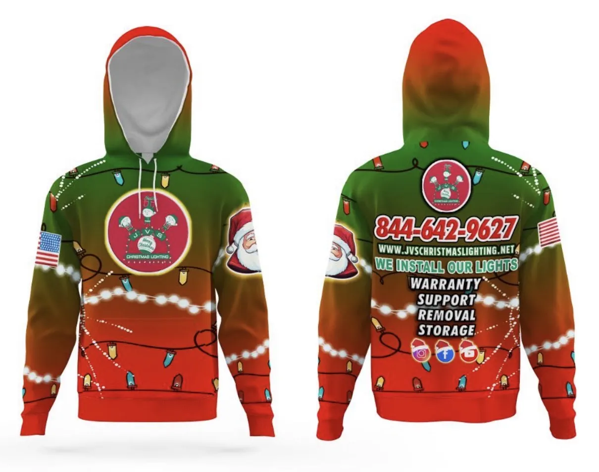 Mockup of the JVS Christmas Lighting pullover hoodie, front and back, with the JVS logo, holiday lights, Santa sleeve art and company phone number