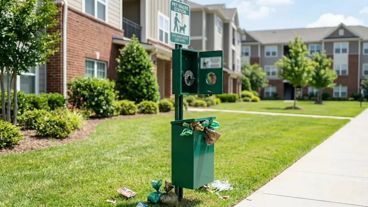 A neglected pet waste station with an overflowing bin, bags on the ground, and an empty dispenser