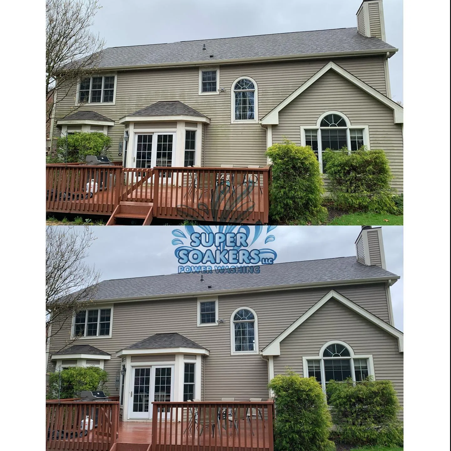 House exterior shown before and after power washing
