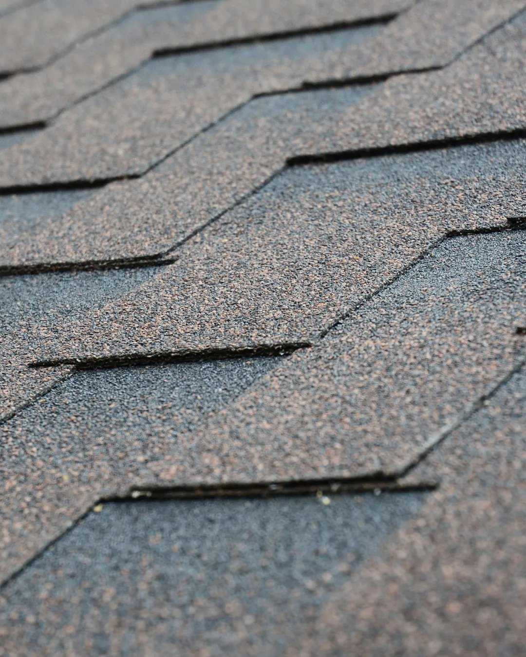 Close-up view of asphalt shingles on a roof with a textured, layered pattern in shades of gray and brown