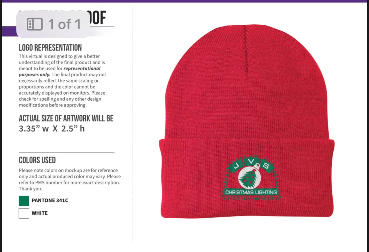 Mockup of a red JVS Christmas Lighting knit hat with the embroidered JVS logo on the cuff