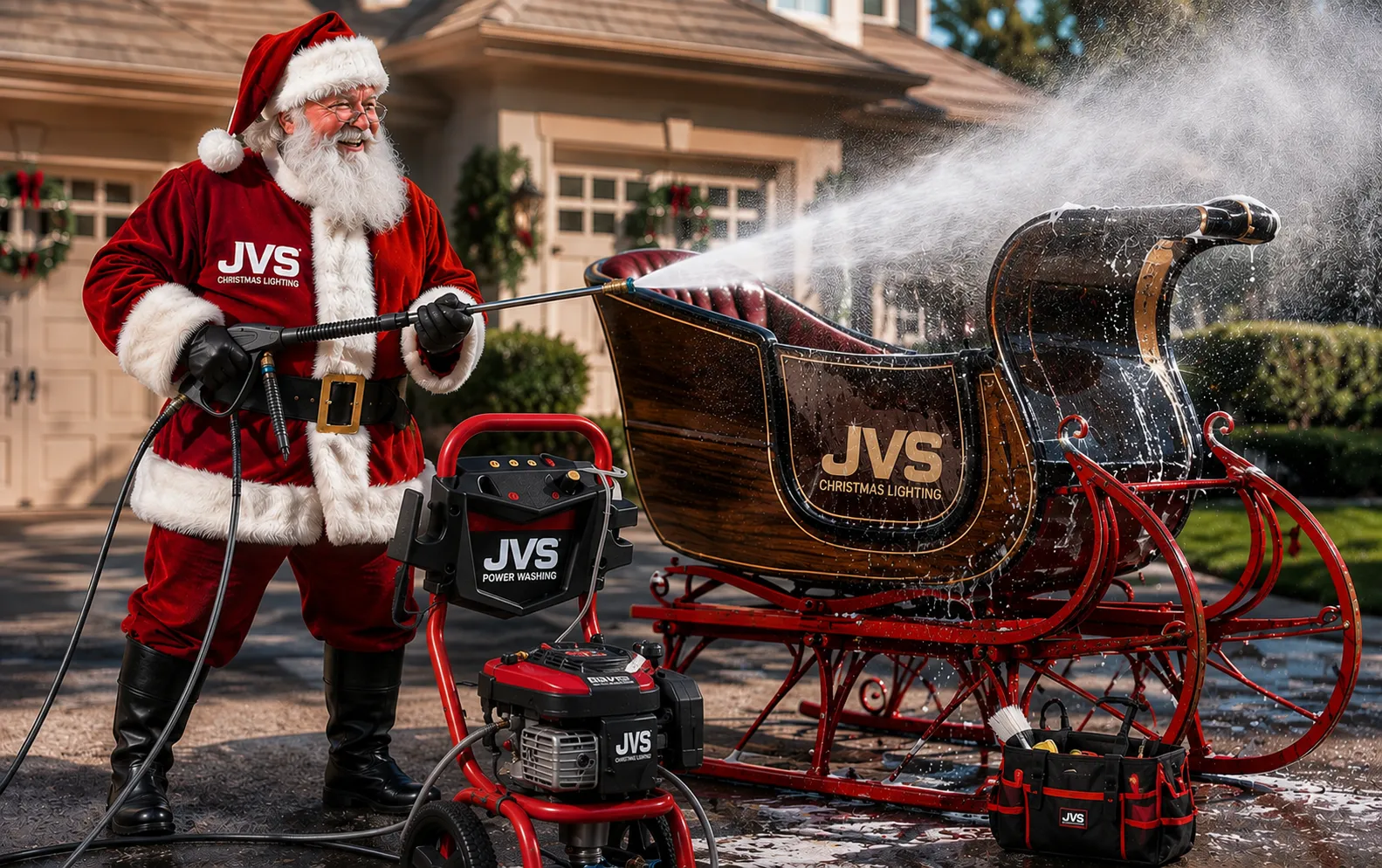 Santa holding a power washer, JVS Powerwashing