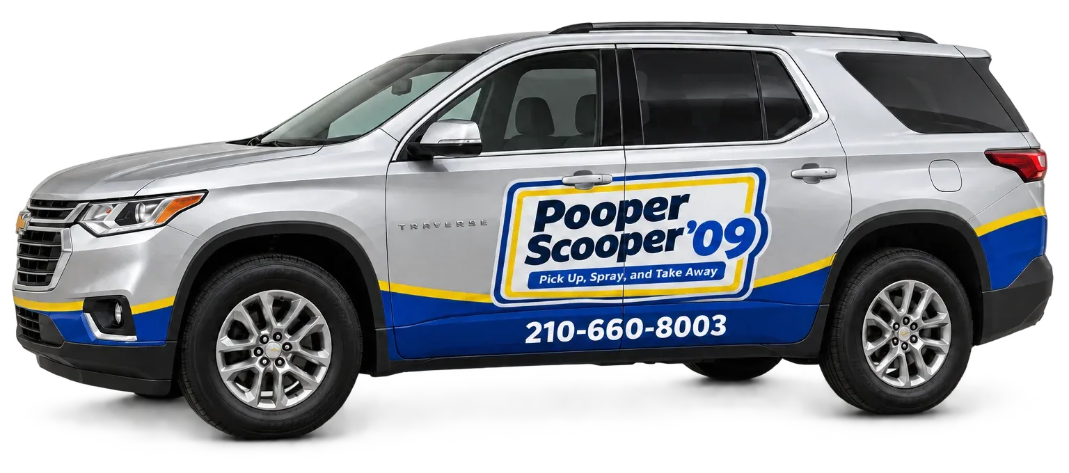 Concept image of a silver SUV with Pooper Scooper '09 branding and phone number 210-660-8003