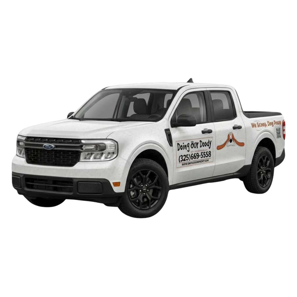 Doing Our Doody branded Ford pickup truck with logo and contact information