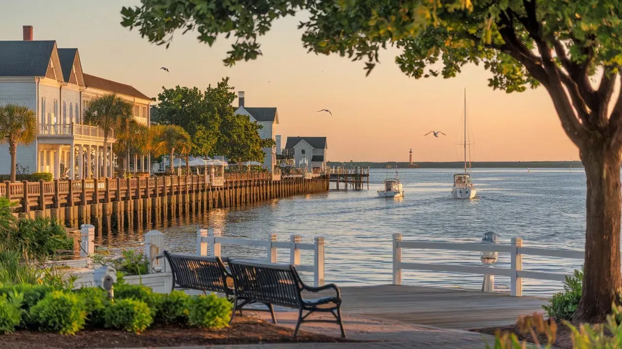 Southport NC waterfront boardwalk with benches overlooking the Cape Fear River